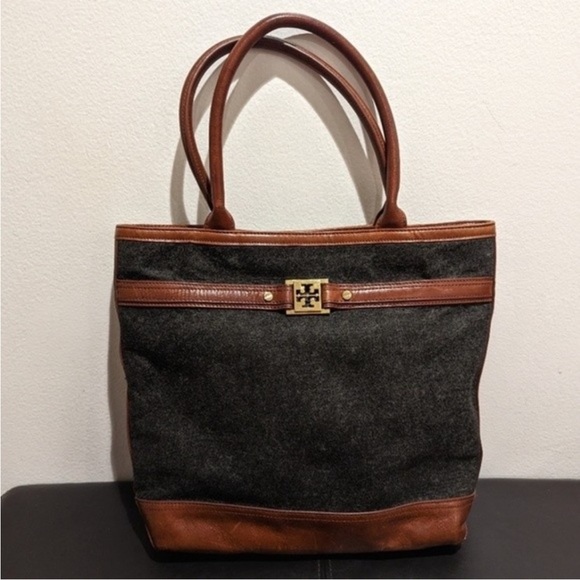 Tory Burch Handbags - Tory Burch Jaden Grey Wool Leather Tote Bag with Brown Leather Trim